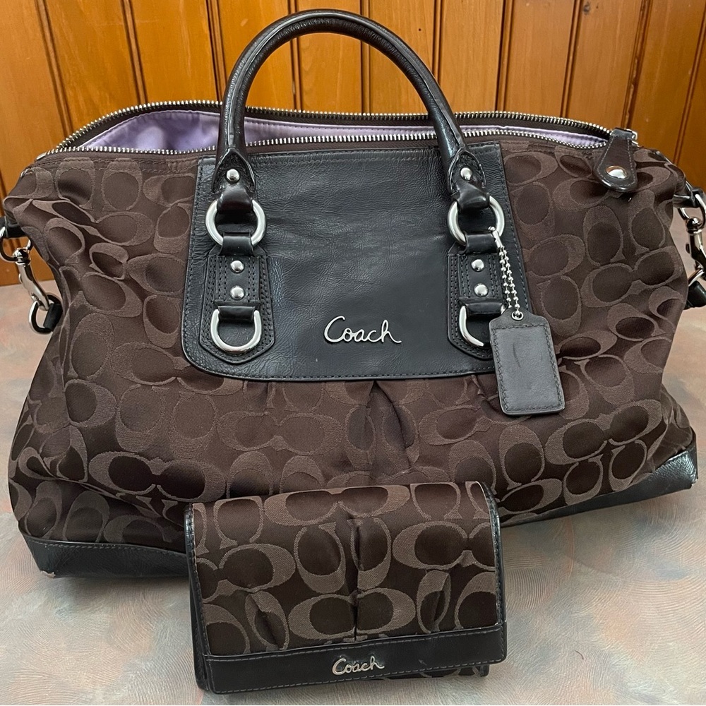 Coach Ashley Sateen Chocolate Brown Large Handbag With Wallet F15440